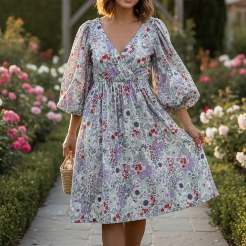 😍2/$20 Reitmans Sz XS Cotton Empire-Waist Puff-Sleeve Rockabilly Dress EUC